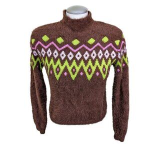 No Boundaries No Bo Womens M Fuzzy Mock Neck Cropped Sweater Brown Aztec Pattern